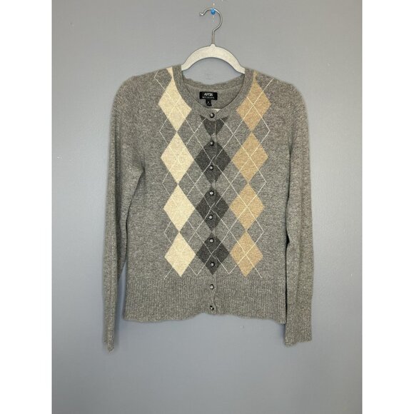 APT 9 100% Cashmere Sweater Womens M Gray Argyle Cardigan Old Money Academia - Picture 1 of 11